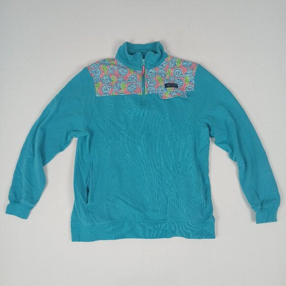 Simply Southern Seahorse Shellfish Starfish Ocean 1/4 Zip Blue Pink Sweater - Picture 1 of 8